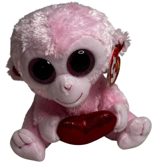 Ty Beanie Boos GiGi Pink Monkey Plush Red Heart Stuffed Animal Valentines Love - Picture 2 of 6
